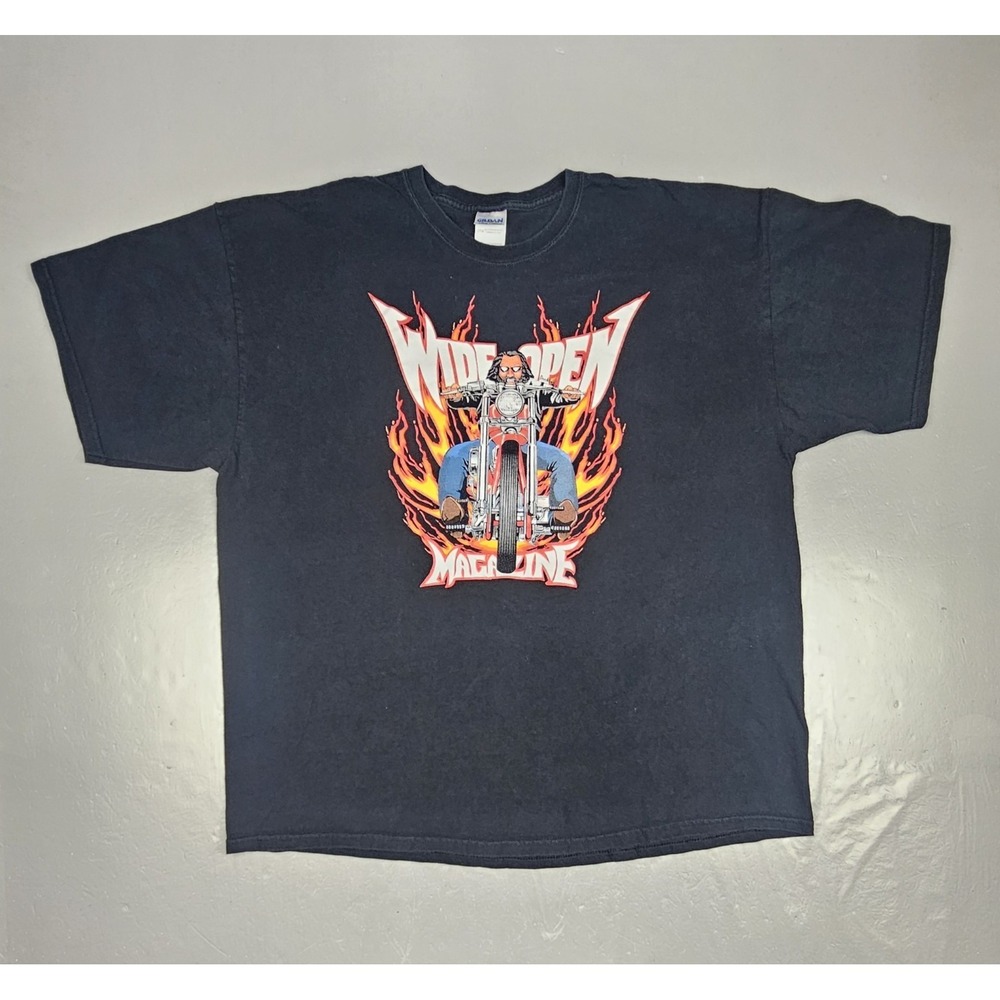 Vintage Wide Open Magazine T-Shirt Mens 2XL Black Motorcycle Graphic Biker Flame